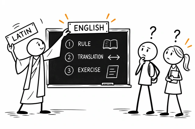 Nauczyciel zdejmuje tabliczkę LATIN i zastępuje ją napisem ENGLISH, ale na tablicy wciąż widnieją RULE, TRANSLATION i EXERCISE.