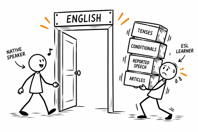 Native speaker przechodzi swobodnie przez drzwi oznaczone ENGLISH, a uczeń ESL męczy się pod chwiejącą się wieżą pudełek z gramatyką.
