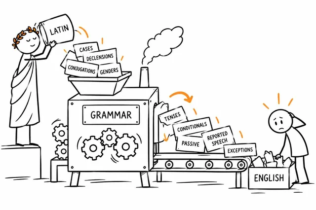 Łacińskie kategorie wpadające do maszyny gramatycznej, z której wychodzą czasy, conditionals, reported speech i wyjątki.