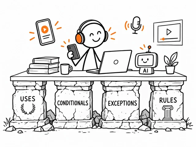 Współczesny uczeń korzystający z aplikacji, podcastów, AI i narzędzi cyfrowych, podczas gdy stół nadal stoi na filarach opisanych jako zastosowania, conditionals, wyjątki i reguły.
